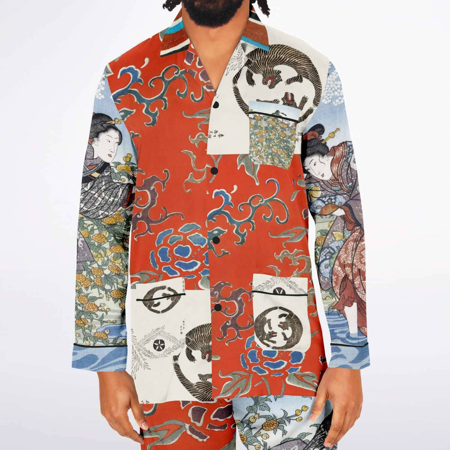 Japanese Pajama Design Bijutsu Sekai (1893-1896) by Watanabe Seite and Japanese girls by Ide Tama River (1847) by Utagawa Kuniyoshi Men's Satin Pajamas - AOP Subliminator 