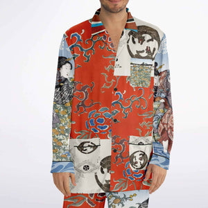 Japanese Pajama Design Bijutsu Sekai (1893-1896) by Watanabe Seite and Japanese girls by Ide Tama River (1847) by Utagawa Kuniyoshi Men's Satin Pajamas - AOP Subliminator 