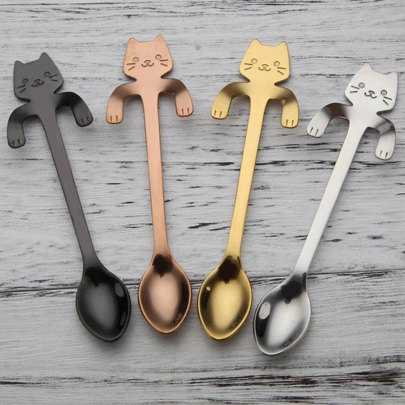 Cute Cat Teaspoons Stainless Steel Cartoon Cat spoons Creative Ice Cream Dessert Long Handle Coffee&Tea Spoon Tableware Colors Marie Antonette 