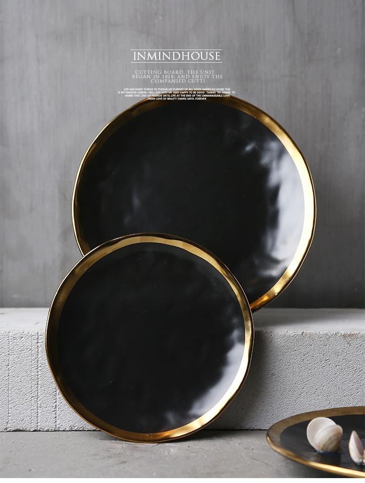 5pcs 10inch Dinner Ceramic Steak Plate Black Gold Inlay Round Dish Butter Cake Plates Dishes Home Kitchen Tableware Accessories Marie Antonette 