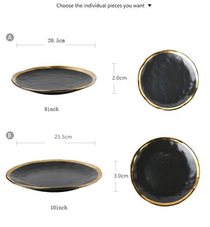 5pcs 10inch Dinner Ceramic Steak Plate Black Gold Inlay Round Dish Butter Cake Plates Dishes Home Kitchen Tableware Accessories Marie Antonette 