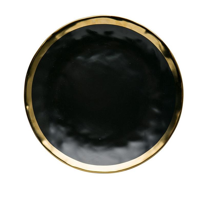 5pcs 10inch Dinner Ceramic Steak Plate Black Gold Inlay Round Dish Butter Cake Plates Dishes Home Kitchen Tableware Accessories Marie Antonette 